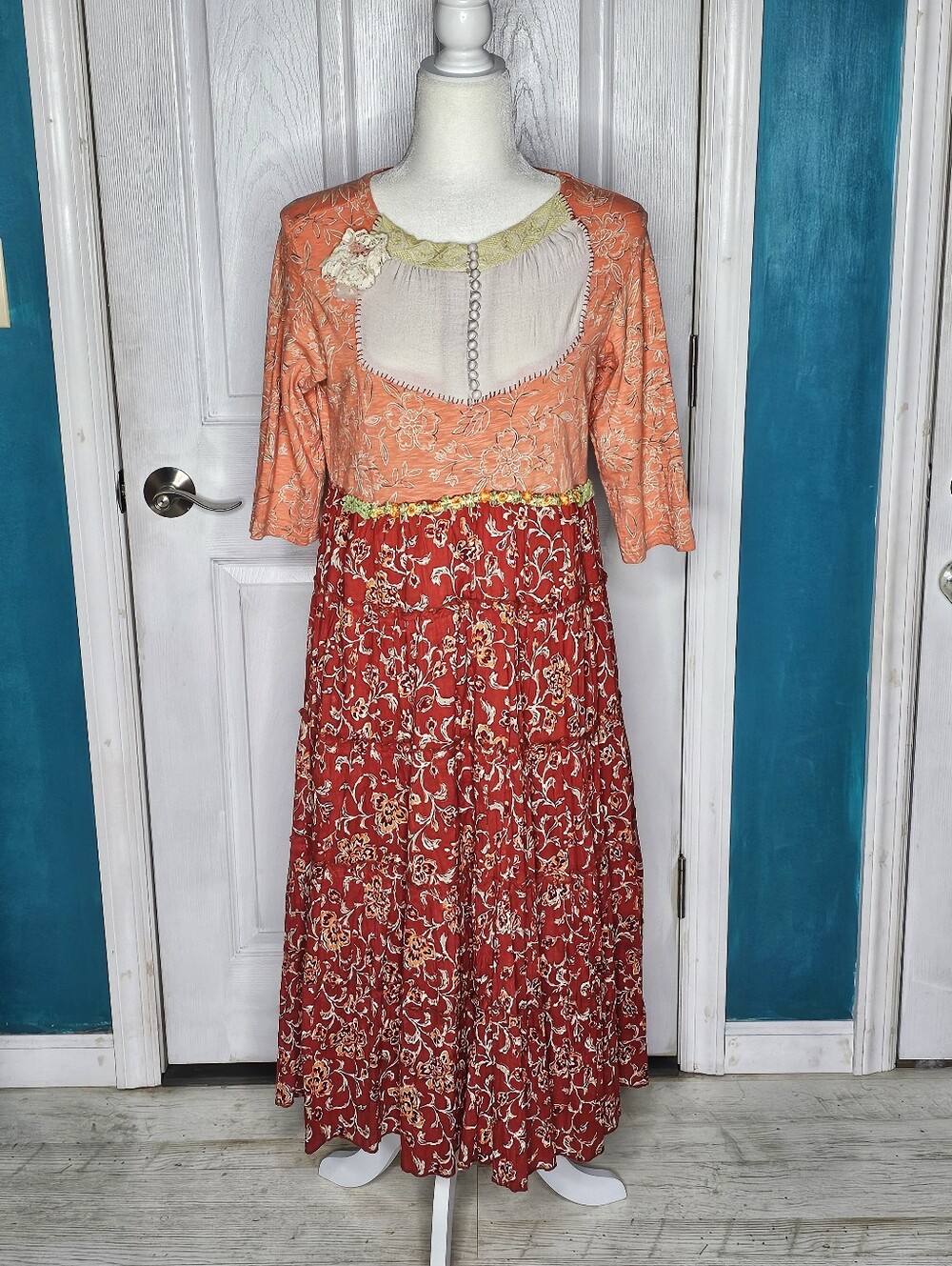 Handmade Boho Peach And Rust Floral A-line Dress